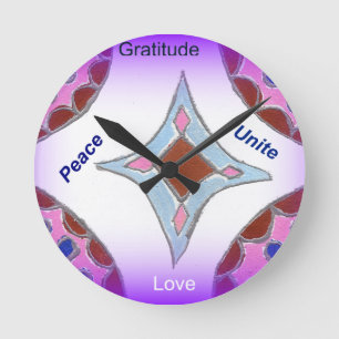 Horloge Ronde "Gratitude Peace Love Unite" Mandala Art Imprimer