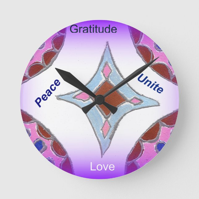 Horloge Ronde "Gratitude Peace Love Unite" Mandala Art Imprimer (Recto)