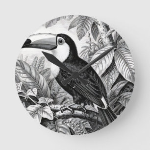 Horloge Ronde Gravure de Toucan dans le Feuillage de la Jungle