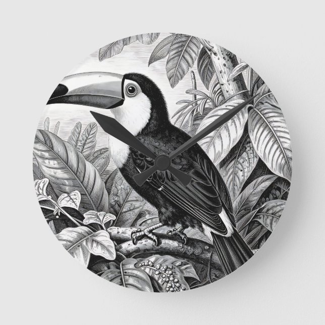 Horloge Ronde Gravure de Toucan dans le Feuillage de la Jungle (Recto)