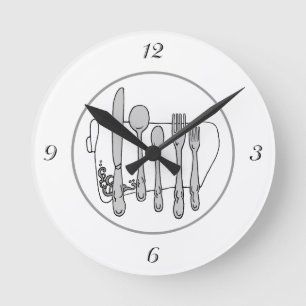 Horloge Ronde Gray Silverware White Napkin Black Numbers Clock