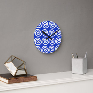 Horloge Ronde Grec Meander Key Waves Motif Bleu