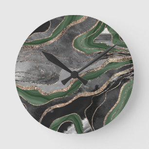 Horloge Ronde Green Black Marble Agate Gold Glitter Glam #1 
