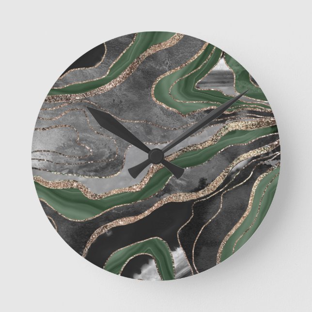 Horloge Ronde Green Black Marble Agate Gold Glitter Glam #1  (Recto)