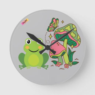 Horloge Ronde grenouille mignonne, champignons et papillon