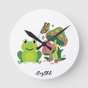 Horloge Ronde grenouille, papillon et champignons