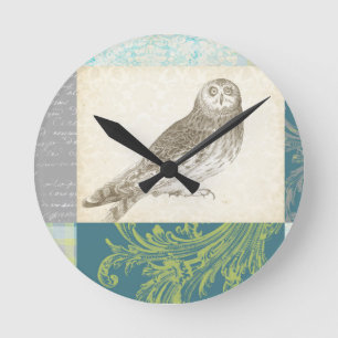 Horloge Ronde Grey Owl sur Arrière - plan Motif