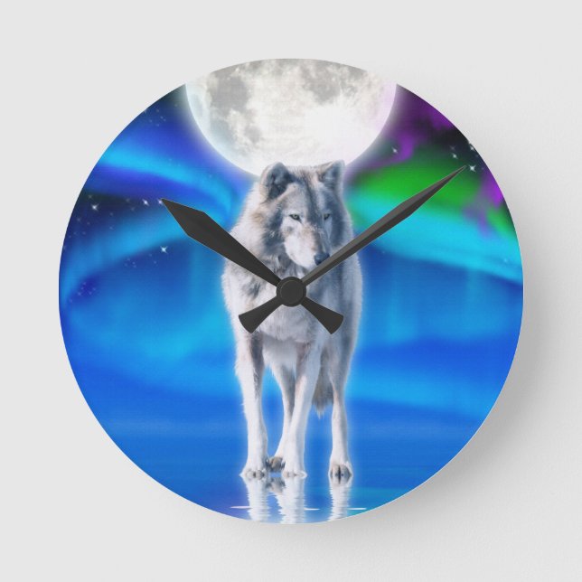 Horloge Ronde Grey Wolf & Aurora Moon Wildlife Art Clock (Recto)