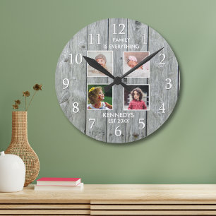 Horloge Ronde Grey Wood 4 Photo Collage Nom de famille Citation