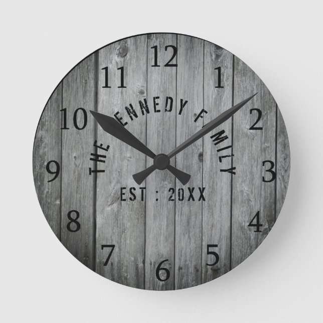 Horloge Ronde Grey Wood Farmhouse Nom de famille (Recto)