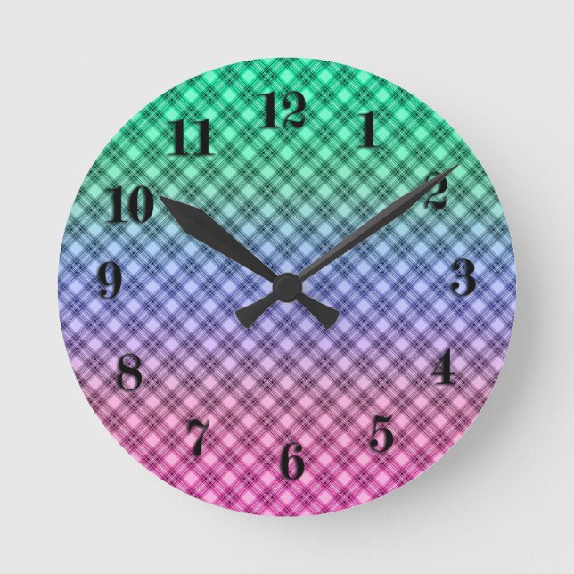 Horloge Ronde Grille dégradée à damiers motif tartan plaid rose (Recto)