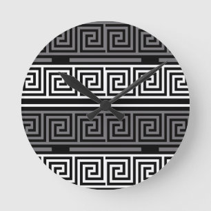 Horloge Ronde Gris Blanc Noir Clé grecque Fret Motif Design