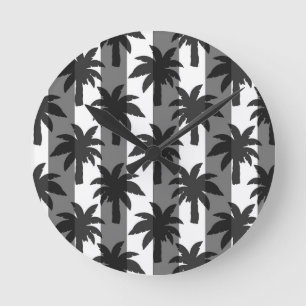 Horloge Ronde Gris Blanc Tropical Palmiers Stripes Design