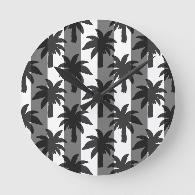 Horloge Ronde Gris Blanc Tropical Palmiers Stripes Design (Recto)