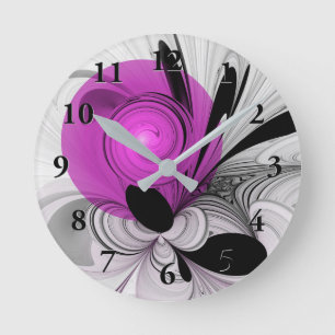 Horloge Ronde Gris Noir Abstrait Avec Art Fractal Magenta