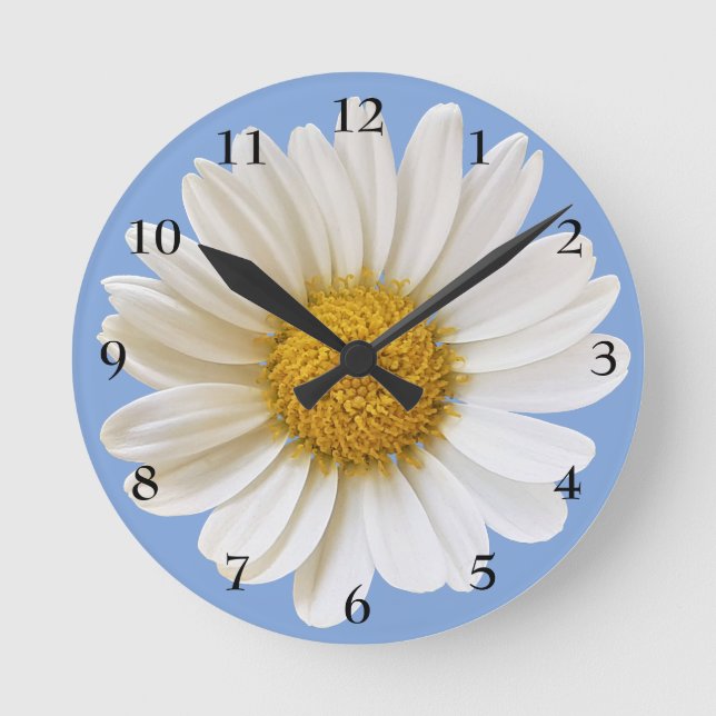 Horloge Ronde Grosse marguerite blanche sur bleu clair (Recto)