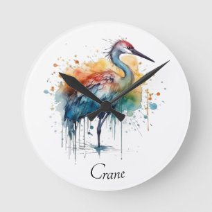 Horloge Ronde Grue élégante : Art à l'aquarelle, personnalisé