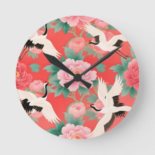 Horloge Ronde Grues japonaises Pivoines Rouge Élégance Chinoise