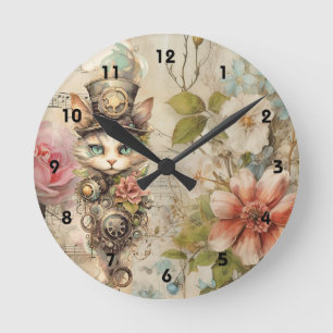 Horloge Ronde Grumpy Steampunk Chat Collage papier Vintage Roses