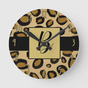 Horloge Ronde Guépard peint imprimé taches léopard or beige marr