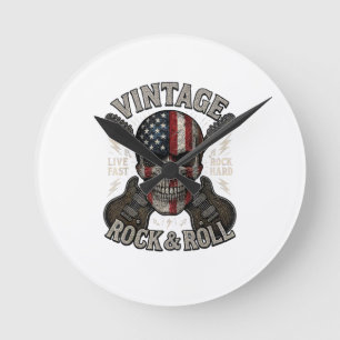 Horloge Ronde Guitare Drapeau Américain Crâne Rock Vintage Retro