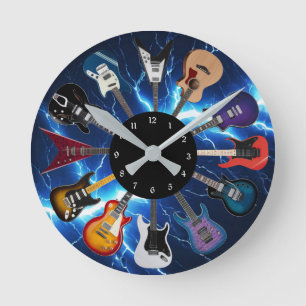 Horloge Ronde Guitare électrique cercle foudre bleue