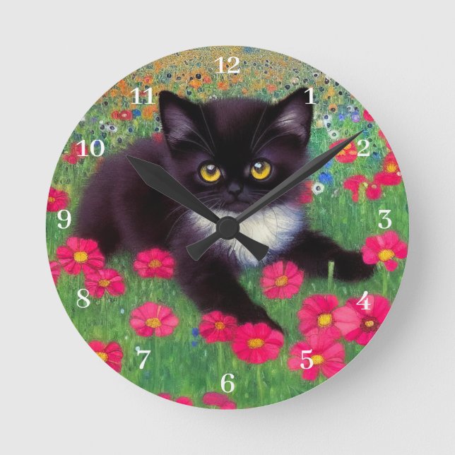 Horloge Ronde Gustav Klimt Tuxedo Chat avec des numéros d'horlog (Recto)