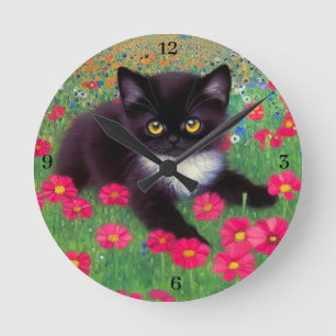 Horloge Ronde Gustav Klimt Tuxedo Chat avec numéro d'horloge