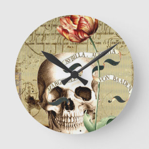 Horloge Ronde Halloween à vapeur crâne floral
