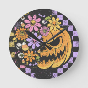 Horloge Ronde Halloween Citrouille Floral Automne