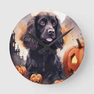 Horloge Ronde Halloween Cocker Spaniel Avec Citrouilles