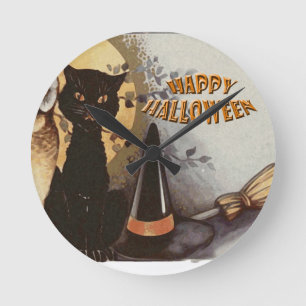 Horloge Ronde Halloween de hibou et de chat