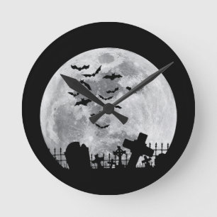 Horloge Ronde Halloween Pleine lune Cimetière Bats Éffrayants