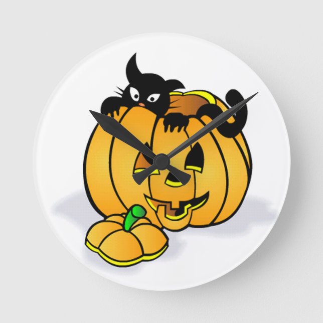 Horloge Ronde Halloween Pumpkin with Black Cat (Recto)