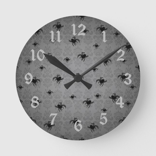 Horloge Ronde Halloween Spiders on gray faded elegant damask (Recto)