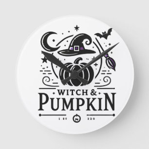 Horloge Ronde Halloween Witch Casquette et Citrouille Design Mag