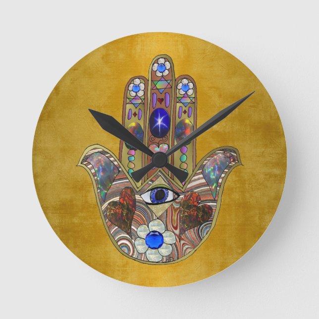 Horloge Ronde Hamsa Coeurs Fleurs Opal Art sur Or (Recto)