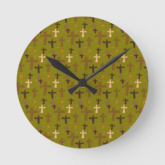 Horloge Ronde Hand drawn Christian Crosses on Green (Recto)