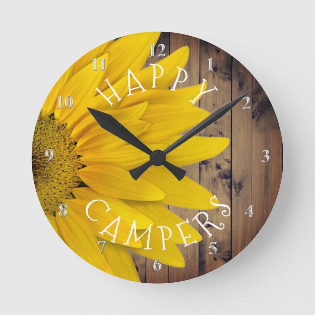 Horloge Ronde Happy Campers Rustic Sunflower Camping Retirement (Recto)