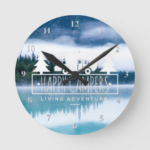 Horloge Ronde Happy Campers RV Camping   Lac House Pine Trees