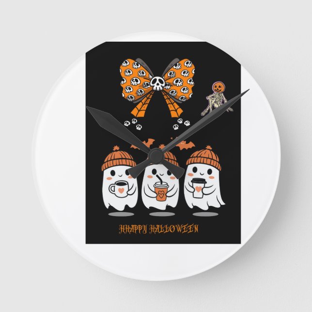 Horloge Ronde Happy Halloween – fantômes café mignons (Recto)