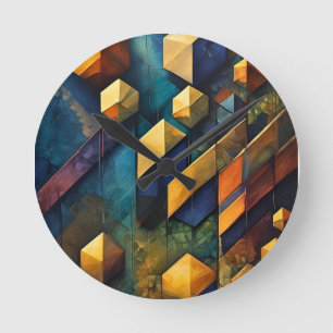 Horloge Ronde Harmonie Géométrique : Cubes Abstraits en Or et Sa