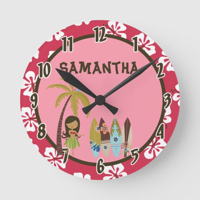 Horloge Ronde Hawaiian Luau Surf Board Tiki Personalized Clock (Recto)