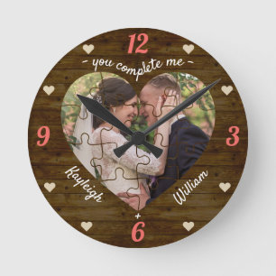 Horloge Ronde Heart Puzzle Mariage Photo Rustique Vous Me Complé