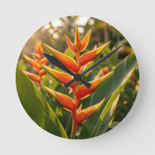 Horloge Ronde Heliconia Orange Tropical Fleur Heure Dorée 