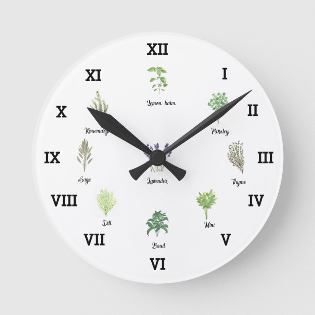 Horloge Ronde Herbes Aquarelle Cuisine Jardin Épices verts Thyme (Recto)