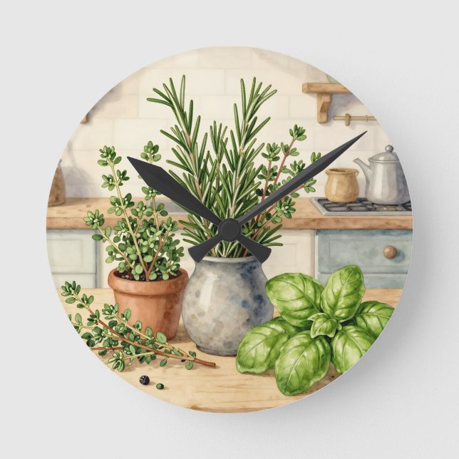 Horloge Ronde Herbes fraîches de cuisine aquarelle  (Recto)