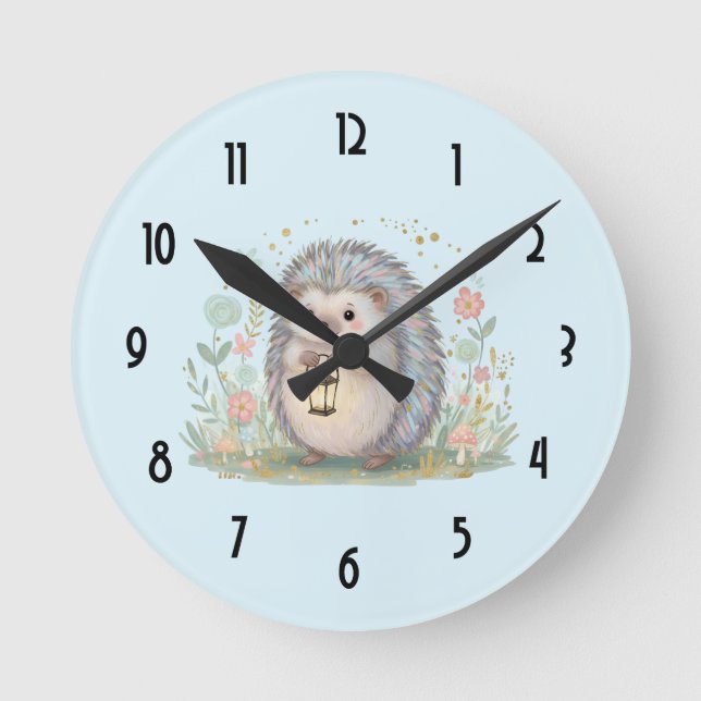 Horloge Ronde Hérisson Mignon avec Lanterne (Recto)
