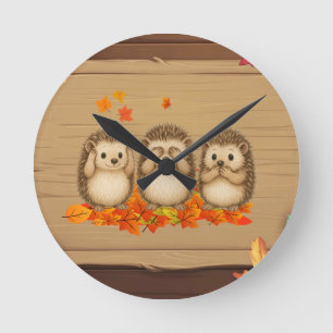 Horloge Ronde hérissons de feuilles n'entendant, ne voyant et ne