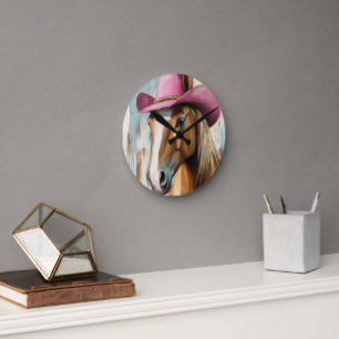 Horloge Ronde Heure Cowgirl : Hot rose Casquette Horse Charme ru